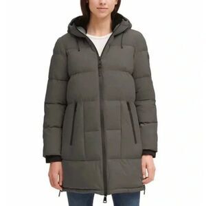 DKNY Jeans Puffer Jacket Hooded Long Parka Coat Gray Full Zip Gray Size XL
